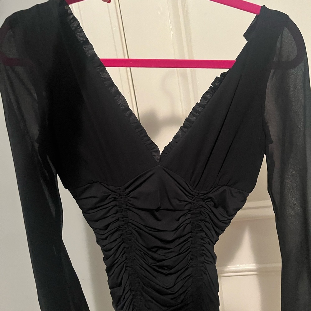 Tiger Mist - Elegant Black Ruched Long Sleeve Mesh Dress